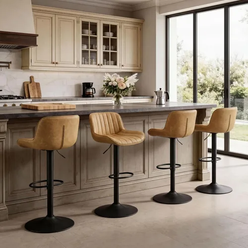 Miniatura 7 de Fat Ant Juego de 2 taburetes de bar ajustables de piel sintética, sillas de bar giratorias con respaldo, taburete de isla de cocina moderno tapizado