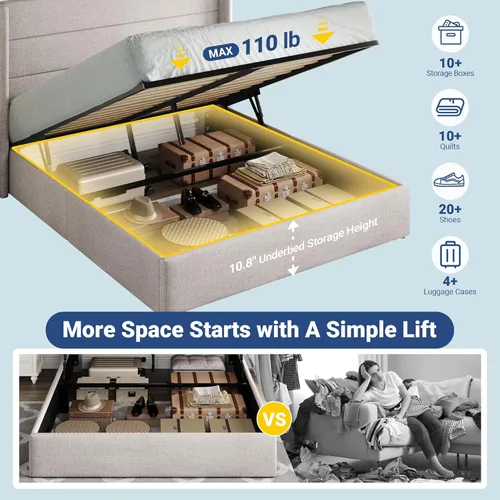 Miniatura 3 de Allewie Cama de almacenamiento elevable tamaño Queen, cabecera moderna con respaldo alado, soporte hidráulico, no necesita somier, color beige claro