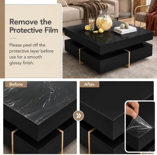 Miniatura 8 de Mesa de centro moderna con almacenamiento, mesa de centro cuadrada contemporánea con cajones, mesa central moderna de alto brillo para sala de Negro