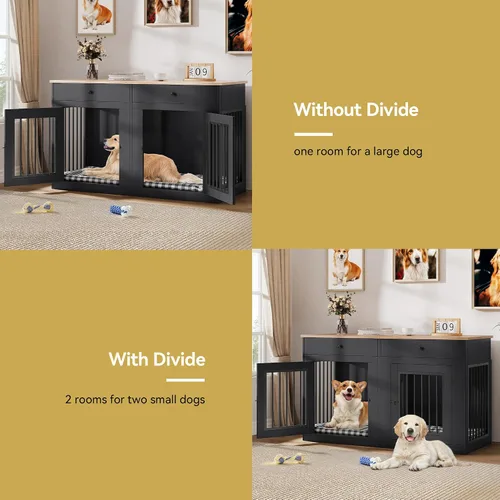 Miniatura 5 de DWVO Muebles de jaula doble de 60 pulgadas para 2 perros, soporte de TV de jaula de perro de madera resistente con divisor removible y cajones