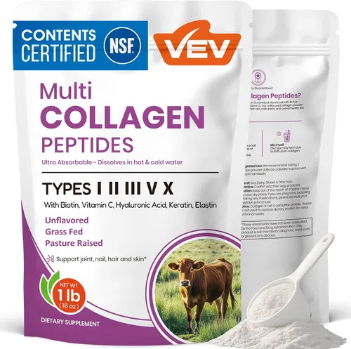 VEV - Péptidos de colágeno múltiple en polvo, 16 onzas (41 porciones) – Tipo I, II, III, V, X, colágeno hidrolizado, poder de ácido hialurónico,