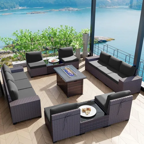 Miniatura 28 de Kullavik Juego de 13 muebles de patio al aire libre con mesa de fogata de gas propano de 43 pulgadas, 55000 BTU, mimbre de polietileno, sofá Arena