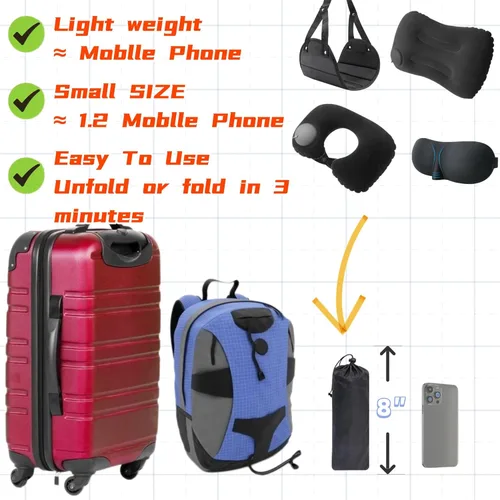 Miniatura 9 de Set de Viaje Portátil para Dormir en Avión, 2 Almohadas Inflables de Viaje, Reposapiés Tipo Hamaca, Máscara para los Ojos y Tapones para los Oídos