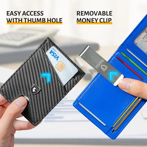 Miniatura 24 de GSOIAX Cartera delgada de cuero plegable RFID para hombre, billetera minimalista con bolsillo frontal con clip para dinero, 12 ranuras para Negro