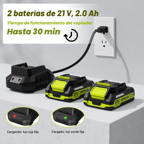 Miniatura 2 de Soplador de hojas inalámbrico, potente soplador eléctrico de hojas de 21 V con 2 baterías y cargador, 2 modos de velocidad, sopladores de hojas
