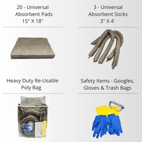 Miniatura 6 de Kit universal contra derrames – Bolsa portátil grande de respuesta rápida – 20 almohadillas absorbentes universales y 3 calcetines absorbentes +