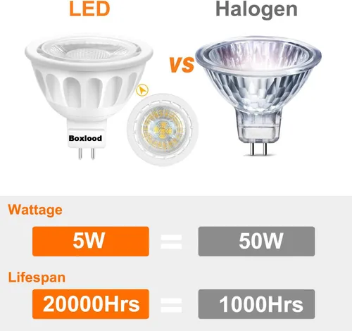 Miniatura 3 de Boxlood Bombilla LED MR16 no regulable, 90% de ahorro de energía, 6000 K blanco frío (luz diurna), 40 grados, CA/CC 12 V, 5 vatios, equivalente a
