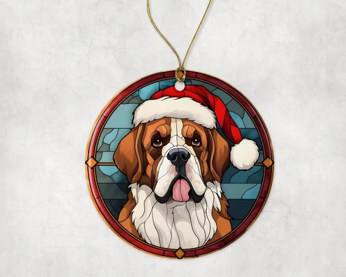 Miniatura 3 de Adorno de cerámica de San Bernardo de Navidad, adorno colgante para árbol de Navidad, adorno de vitral de perro, adorno religioso para cristianos