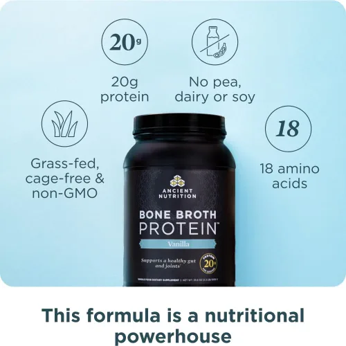 Miniatura 2 de Ancient Nutrition Alimentado con pasto, proteína en polvo de caldo de hueso, 0.71 onzas de proteína, péptidos de colágeno hidrolizados, aptos