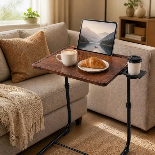Miniatura 10 de Japard Mesa plegable para TV, mesita de noche pequeña con soporte para tazas, ajustable de 6 alturas y 3 ángulos de inclinación (negro, 2 piezas)