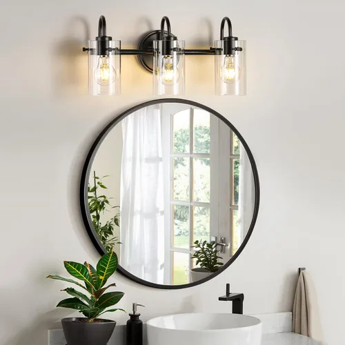 Miniatura 4 de 3 luces de tocador, lámparas de pared de baño negro mate sobre el espejo, aplique de pared moderno con pantalla de vidrio transparente, lámpara