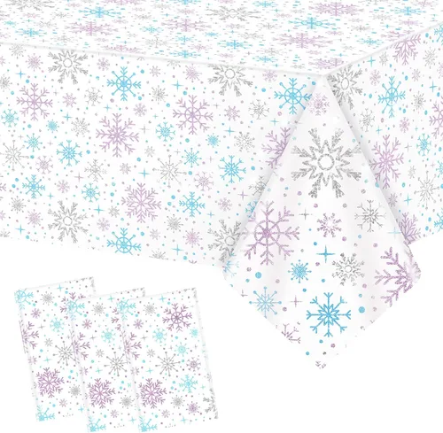 Jecery 3 manteles de invierno con copos de nieve para decoración de fiesta, mantel de plástico para reuniones festivas (azul y morado)