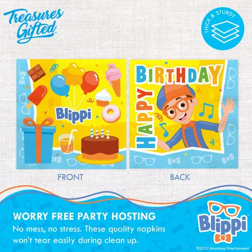 Miniatura 3 de Treasures Gifted Servilletas de fiesta Blippi con licencia oficial, paquete de 16 servilletas Blippi, suministros para fiesta de cumpleaños