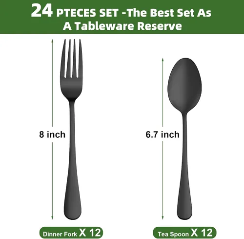 Miniatura 2 de Juego de 24 cubiertos negros de tenedores y cucharas de acero inoxidable de grado alimenticio para cocina y restaurante, 12 tenedores de cena