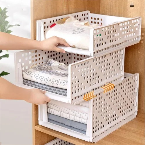 Miniatura 9 de HANAMYA Estante de almacenamiento plegable y apilable Organizador de cajones plegable Organizador de armario de armario, juego de 4, blanco