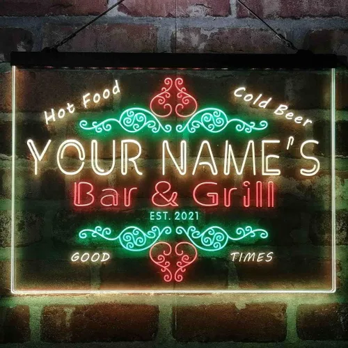 Miniatura 10 de Letrero de luz de neón LED tricolor personalizado para bar y parrilla, nombre personalizado, fecha, texto, cita, fuente blanco, azul y rojo, 17.7 x