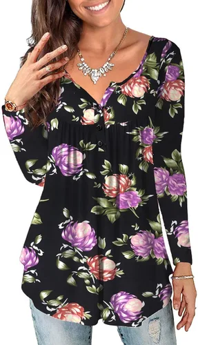 a.Jesdani - Blusas para mujer, tipo túnica, de manga larga, estilo Henley, casual, con diseño floral, talla extra grande