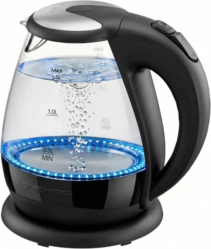 OVENTE Hervidor eléctrico de vidrio de 1.5 L con luz LED azul, calentador de agua de encimera iluminado de 1100 W y caldera para café o té, apagado