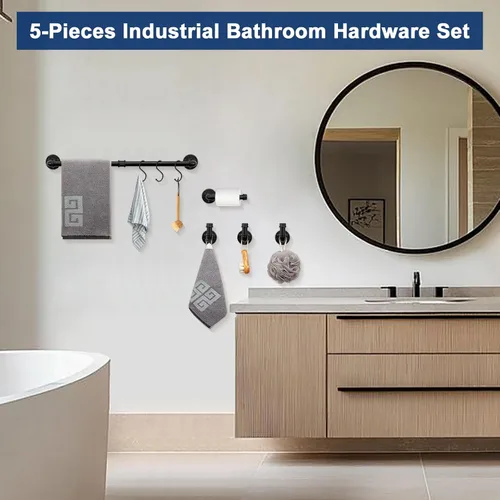 Miniatura 2 de NearMoon Juego de accesorios de baño de tubería industrial de 5 piezas, incluye barra de toalla de 18 pulgadas, soporte para papel higiénico y 3