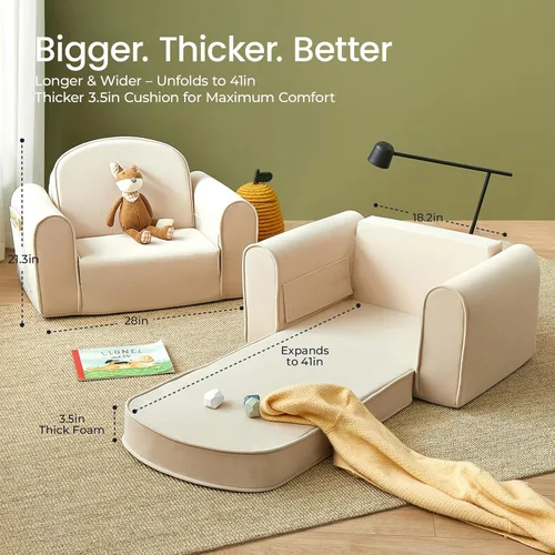 Miniatura 5 de Tiny Land Sofá Plegable 2 en 1 para Niños con Bolsillos – Sofá Suave y Grueso para Niños Pequeños, Sofá Reclinable, Silla Convertible para Niños