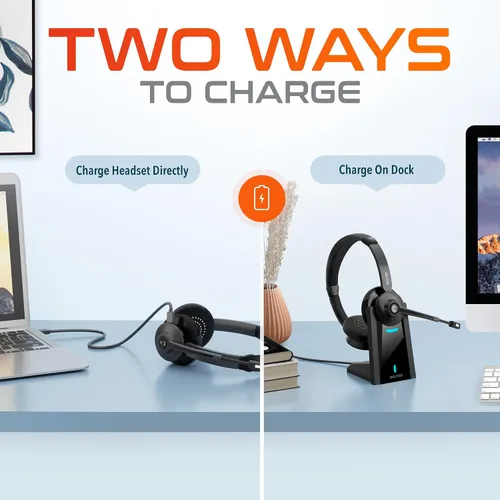 Miniatura 8 de Delton Auriculares Bluetooth 35X para computadora con micrófono de cancelación de ruido, base de carga rápida, acoplamiento automático USB Dongle