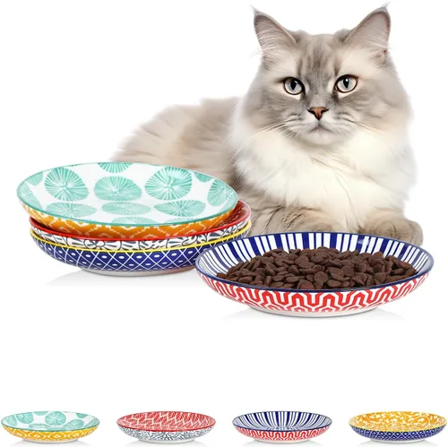 Selamica Cuencos de cerámica para gatos, 6 pulgadas de ancho poco profundos para aliviar la fatiga de los bigotes, juego de 4, colores surtidos