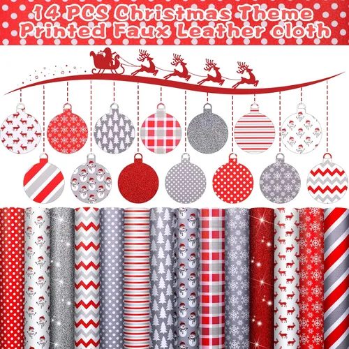 Miniatura 4 de 14 hojas de cuero de invierno para Navidad, tela de piel sintética con purpurina, copo de nieve, muñeco de nieve, tela de cuero impresa para hacer
