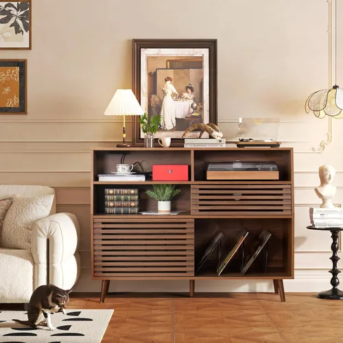 Miniatura 2 de Jluomei Soporte grande para tocadiscos, soporte para tocadiscos de mediados de siglo con puertas y estación de carga, mesa para tocadiscos