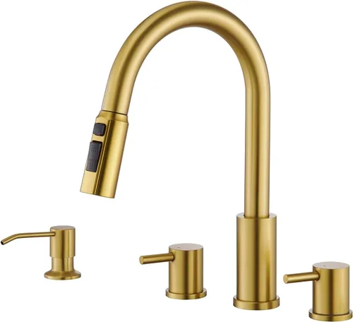 Tohlar Grifo de cocina de 4 agujeros, grifo de cocina dorado cepillado con dispensador de jabón y rociador extraíble, 3 modos, grifo de fregadero de
