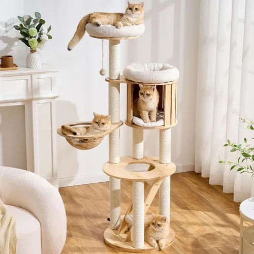 Miniatura 10 de 797Audio Moderno árbol de madera para gatos, árbol estético para gatos de 46 pulgadas con postes rascadores de madera de pino natural y condominio