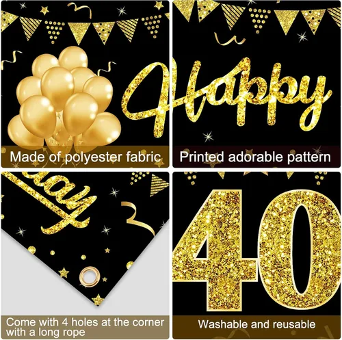 Miniatura 6 de Cartel decorativo de cumpleaños número 40 para hombres y mujeres, suministros de fiesta de letrero negro y dorado de 40 años, decoración de fiesta