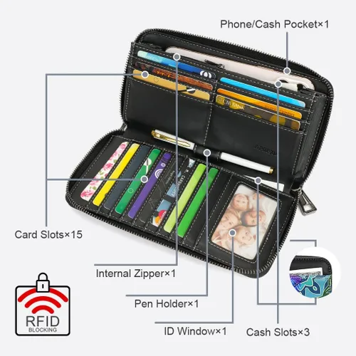 Miniatura 2 de APHISON Billetera para mujer, gran capacidad, monedero, tarjetero, RFID, pulsera, teléfono, cremallera, moneda, bolsillo de viaje