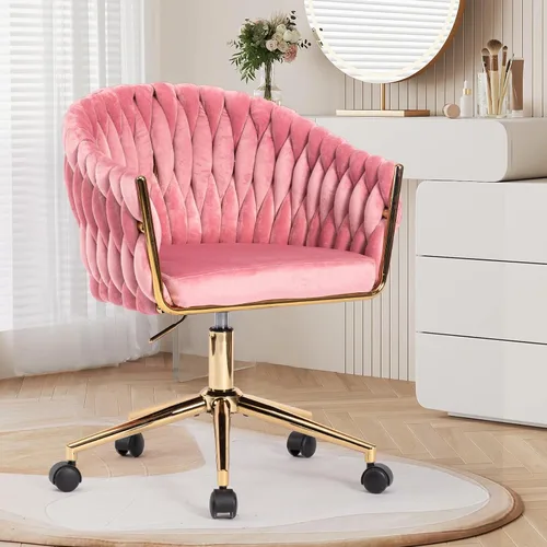 Silla de oficina de terciopelo con respaldo tejido a mano, sillas de escritorio rosa con ruedas doradas, silla giratoria de 360° para oficina en