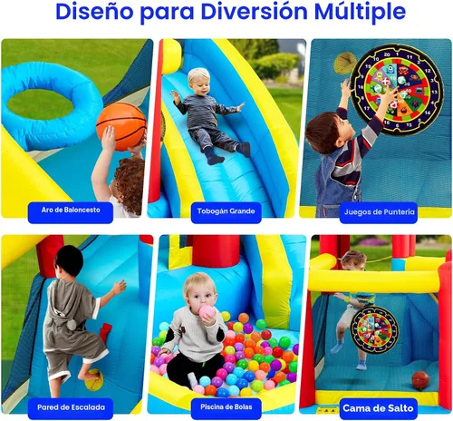 Miniatura 4 de WELLFUNTIME - Casa inflable para saltar con tobogán, castillo hinchable con ventilador, pared de escalada, diana, aro de baloncesto y 50 pelotas