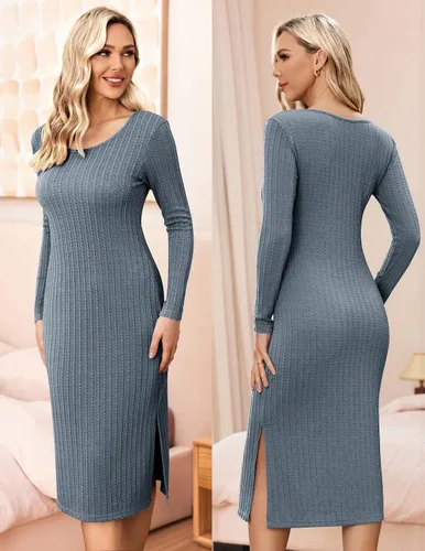 Miniatura 3 de Ekouaer Maternity Dress Rib Knit Long Sleeve Side Slit Bodycon Dresses Pregnancy Baby Shower Clothes S-XXL