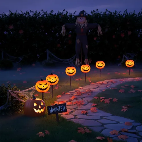 Miniatura 6 de Luces de Halloween para caminos al aire libre, 7 pies, luces de estaca de calabaza de Halloween con 4 bombillas LED C7 transparentes