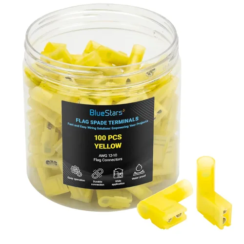 BlueStars 100 terminales de pala de bandera de 90 grados hembra, amarillo 12-10 AWG, conector de cable de desconexión rápida de nailon, ángulo