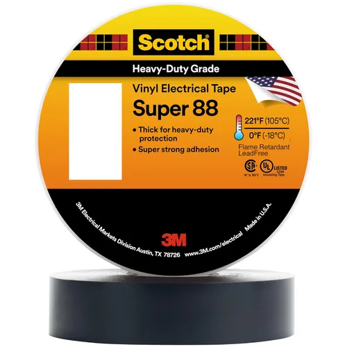 3M Scotch Cinta eléctrica de vinilo Super 88, 1-1/2 pulgadas x 36 yardas (108 pies), Negra, 1 rollo largo, Grado Premium, Adhesivo de resina de
