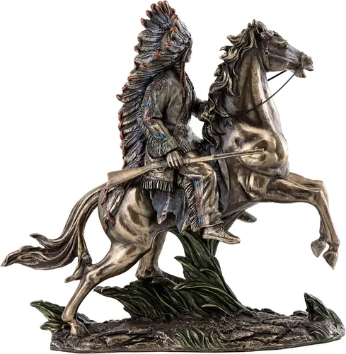 Miniatura 3 de Top Collection Chief Sitting Bull on Horseback Estatua – Escultura de nativos americanos con hermoso tocado en bronce fundido en frío de primera