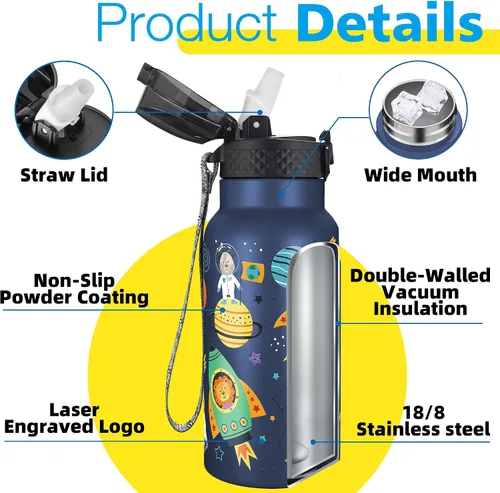 Miniatura 5 de Han's Bottle Botella de agua para niños con tapa con pajilla, vaso reutilizable de acero inoxidable aislado para niñas, niños, taza térmica, 17