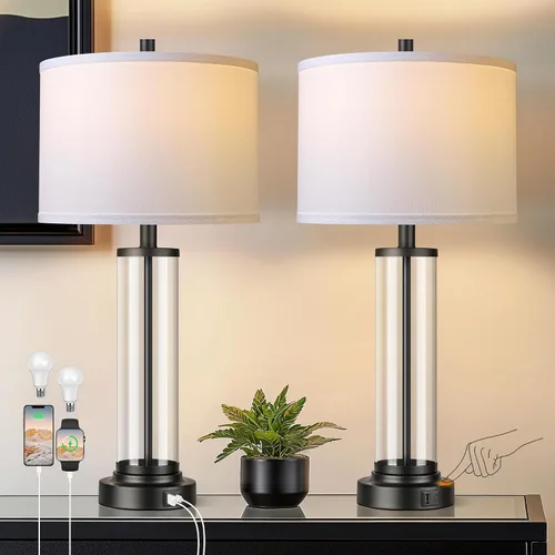 QiMH Juego de 2 lámparas de mesa con control táctil con puertos USB, lámpara de noche regulable de 3 vías para sala de estar, dormitorio, casa,