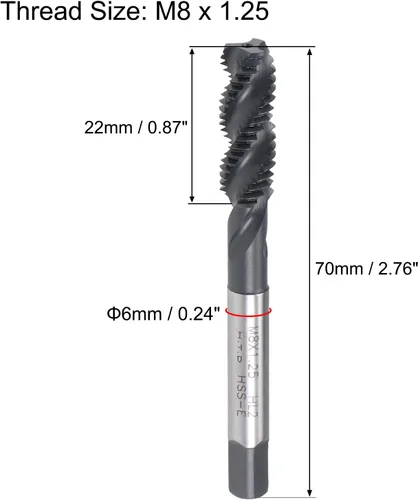 Miniatura 2 de uxcell M8 x 1,25 espiral flauta roscada, máquina métrica roscado HSS nitruración revestido, vástago redondo con extremo cuadrado, tolerancia H2