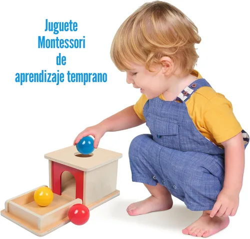 Miniatura 3 de Adena Montessori Juguete de madera para bebés de 6 a 12 meses, 3 bolas, caja de permanencia de objetos con puerta roja, juguete educativo colorido