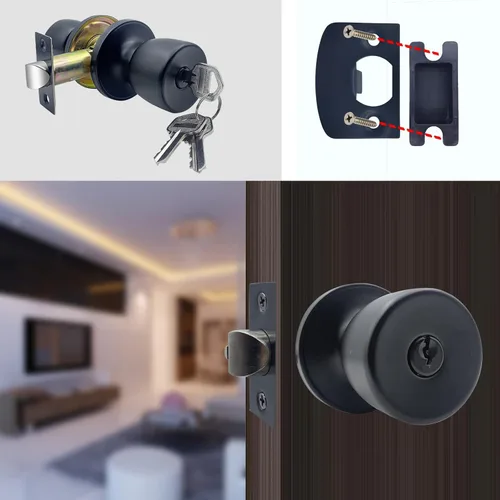 Miniatura 5 de JO.KO Pomo de puerta con cerradura y llave, cerradura de bola redonda mate negra para puerta interior/exterior para dormitorio o baño/manija