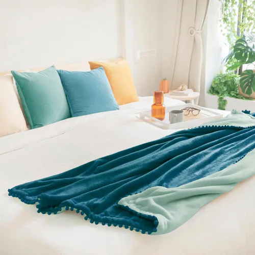Miniatura 4 de MONDAY MOOSE Manta de forro polar acogedora con flecos de pompones, manta de franela súper suave, diseños de doble cara, para sofá, cama, decoración