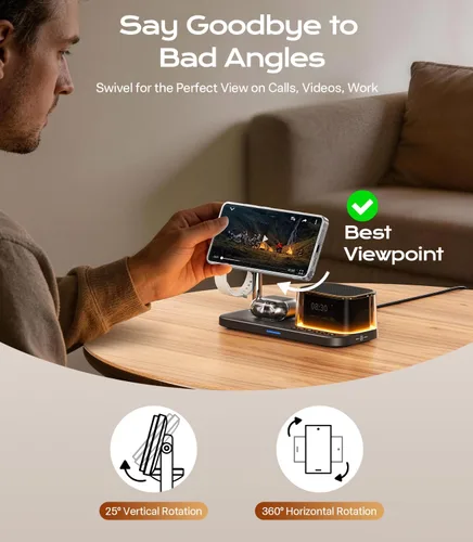 Miniatura 8 de Meifigno Estación de carga 5 en 1 de 25 W para Galaxy S26 Ultra con altavoz Bluetooth, reloj despertador, luz nocturna, cargador inalámbrico