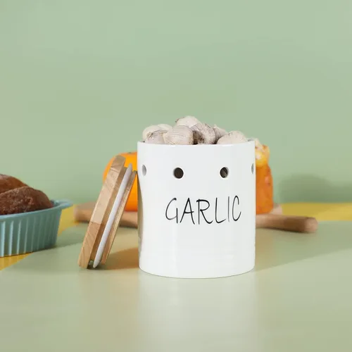 Miniatura 6 de Contenedor de ajo de cerámica con tapa de madera, contenedor de ajo para mostrador, fácil de limpiar, ahorra ajo para mantener tus dientes de ajo