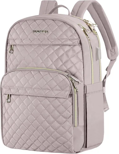 KROSER Mochila para laptop para mujer de 15.6 pulgadas, mochila diaria elegante con puerto de carga USB, mochila de nailon repelente al agua para