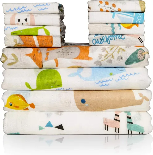 Juego de manta y paños para bebé, 12 piezas de muselina de algodón para bebé, envoltura y paños de lavado unisex para niños y niñas, paquete de 4