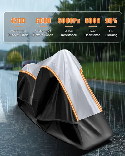 Miniatura 4 de Funda para motocicleta totalmente cerrada, impermeable, para almacenamiento en interiores y exteriores, resistente con tiras reflectantes, se adapta